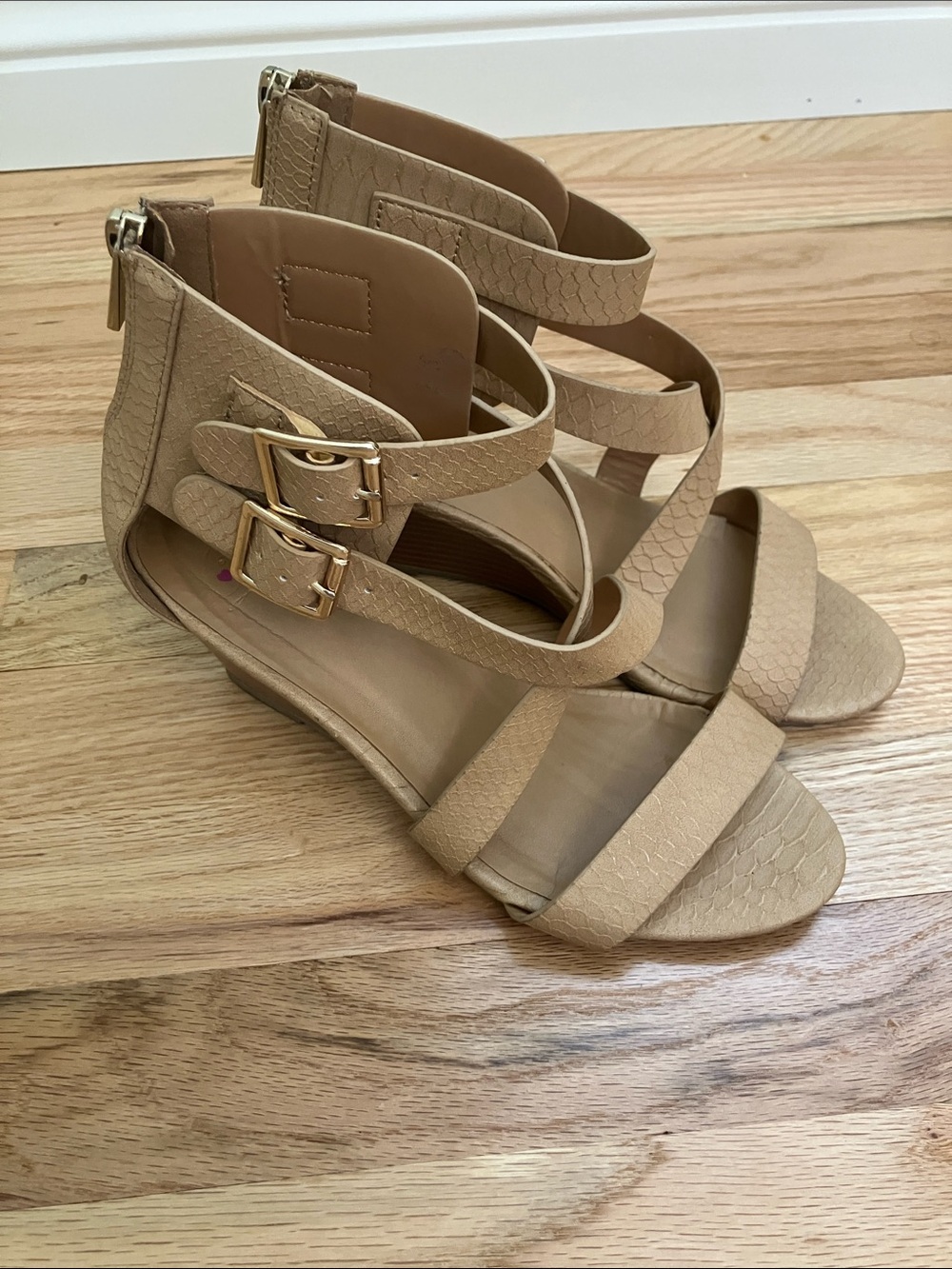 Women’s Strappy Ankle Buckle Wedge Sandals in Tan